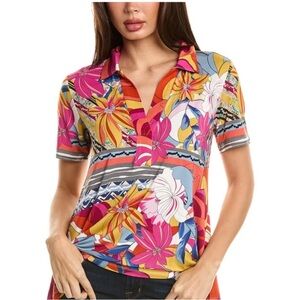 Johnny Was Rachel May Swing Polo Shirt Women's Sz 1x Bright 70s style floral